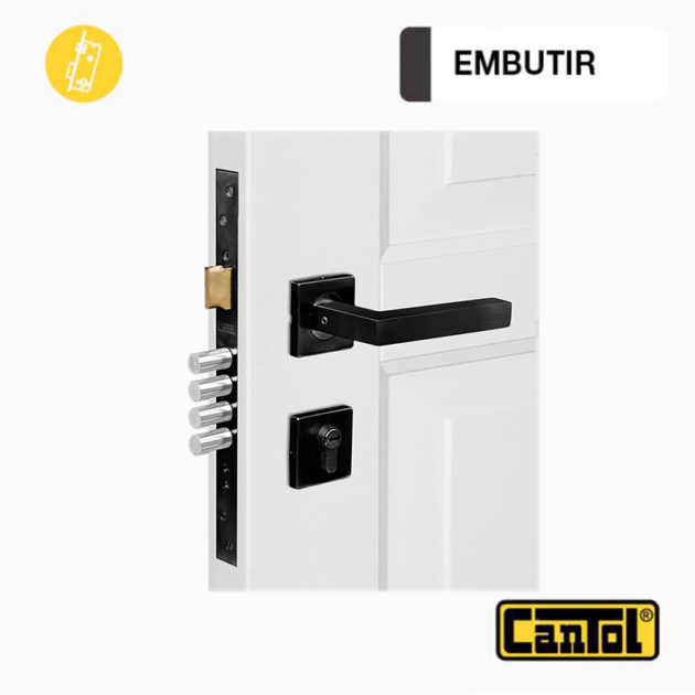 Cerradura de Embutir Ginebra 60 - Negro Mate - Manija Cuadrada - Reversible